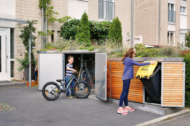 Mülltonnen, Fahrräder und mehr auf platzsparende Weise vorm Haus abste