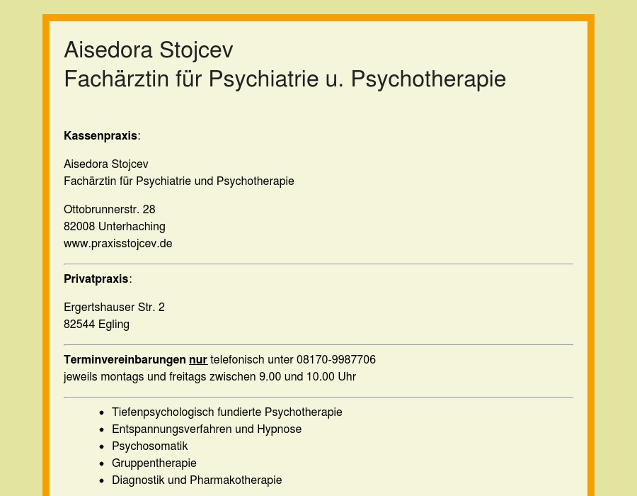 Stojcev Aisedora Fachärztin für Psychiatrie u. Psychotherapie