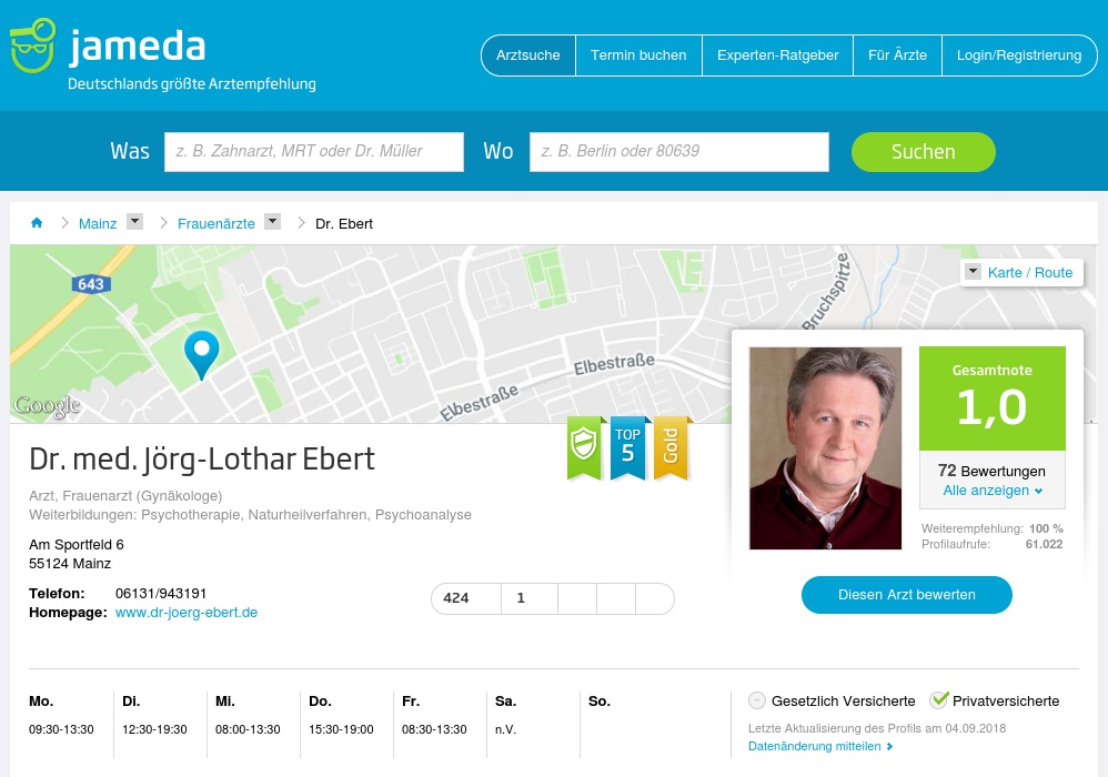 Ebert Jörg Dr.med., Privatpraxis für Frauenheilkunde und Geburtshilfe, Naturheilverfahren, Psychosomatik und Psychotherapie