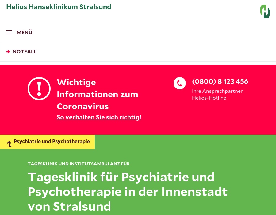 HELIOS Tagesklinik für Psychiatrie und Psychotherapie in der Innenstadt von Stralsund