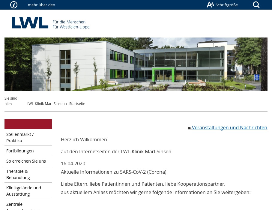 LWL-Klinik Marl-Sinsen, Haardklinik; Kinder- und Jugendpsychiatrie – Psychotherapie –Psychosomatik